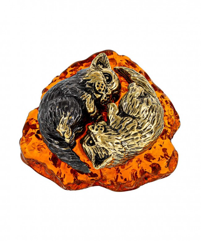 Коты Инь-Янь 2574 – фигурка-сувенир из янтаря и латуни, купить оптом